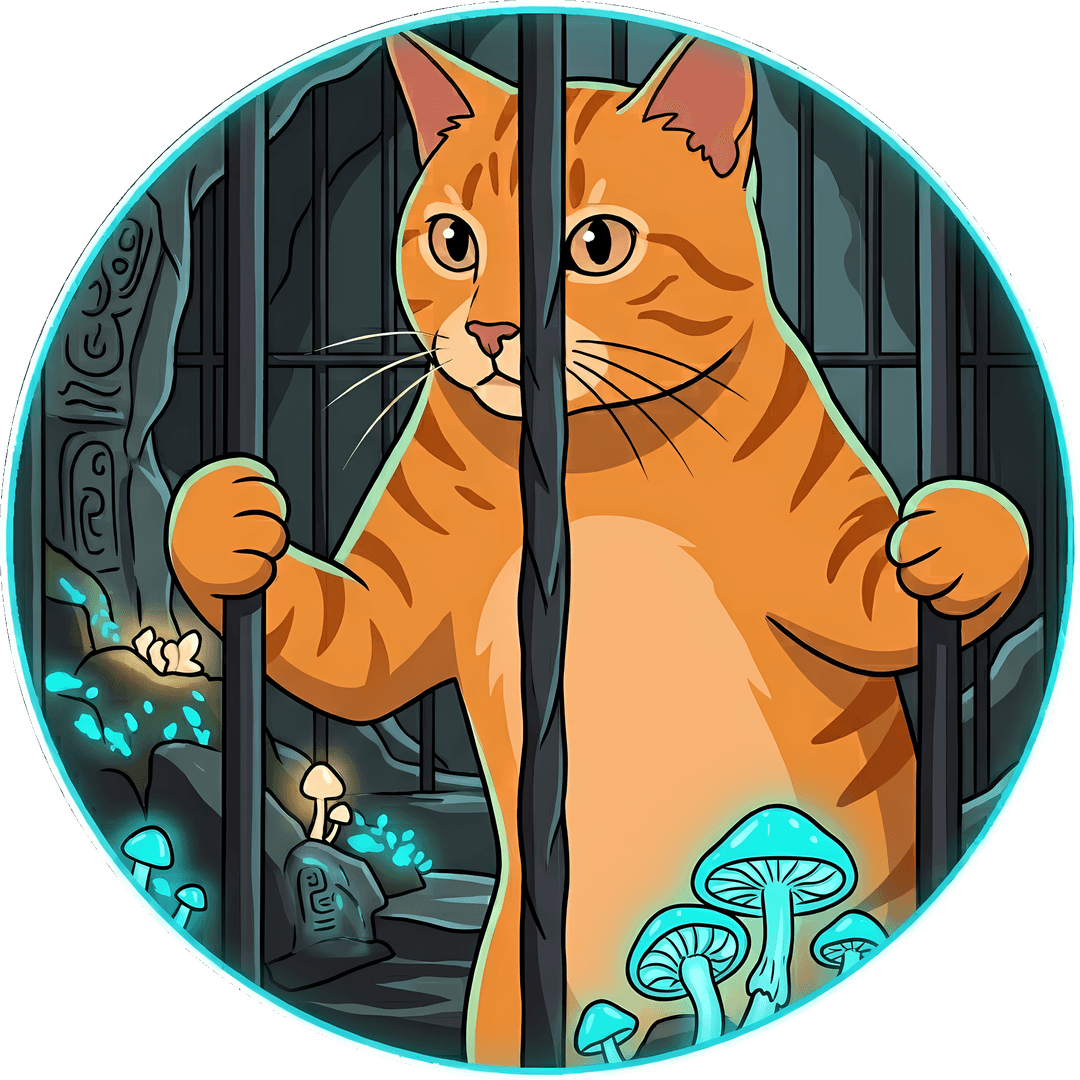 Jailcat — An orange tabby, unbothered, behind bars in a glowing cave.